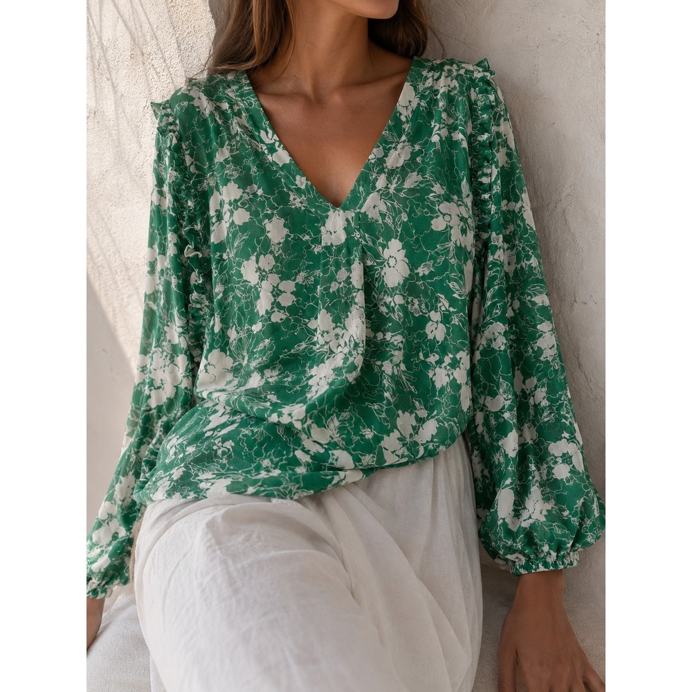 Alexie Floral Lace Blouse Womens Large Green White Ruffle Puff‎ Sleeve Tie Waist